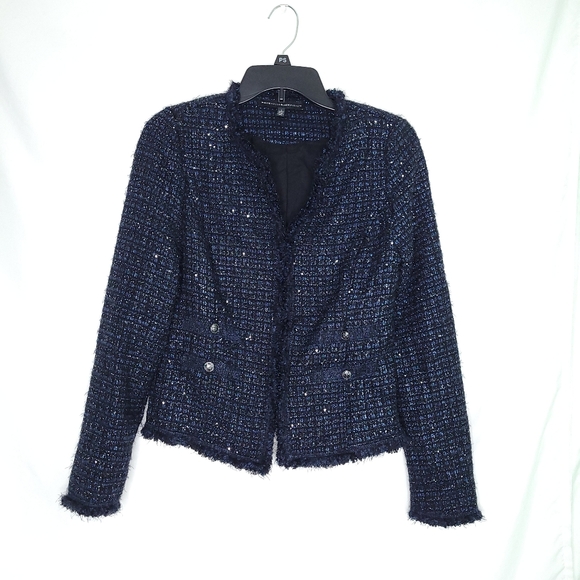 WHITE HOUSE BLACK MARKET Women's Sequin Tweed Navy Blue Jacket Size 2 - Picture 1 of 12